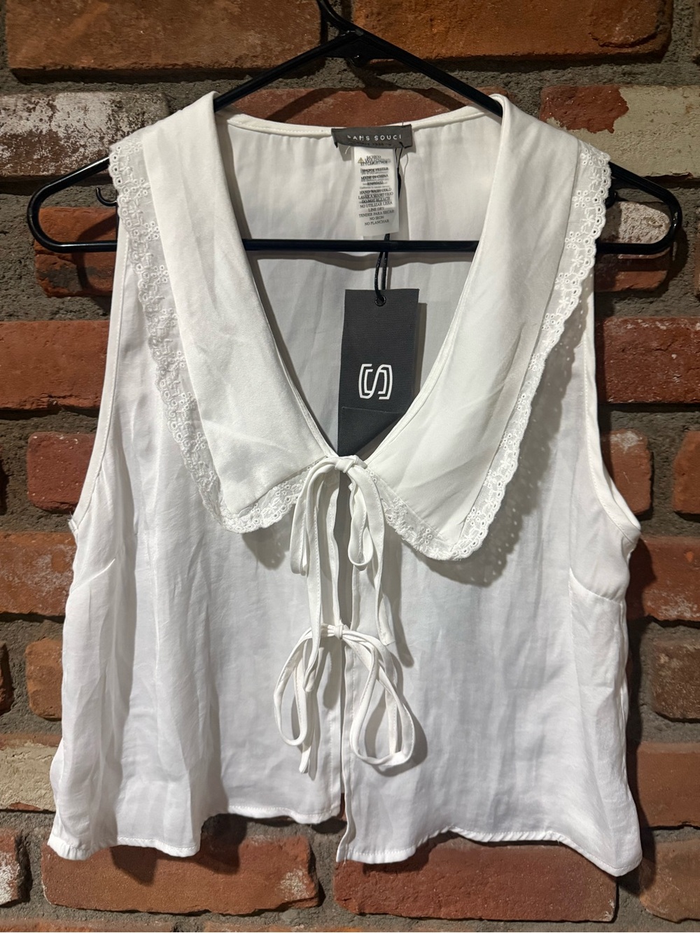 White Lace-Trim Tie-Front Sleeveless Top